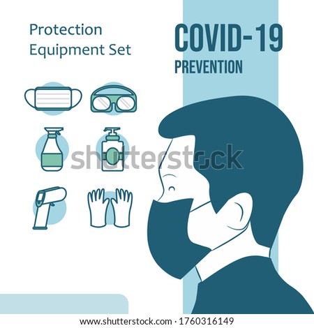 poster post sosial media education covid-19 with facemask man, Protection equipment set icon concept for sosial media, icon facemask hand glove temperature check set icon