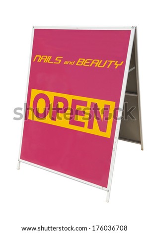 Pink advertising board advising shop is open for business