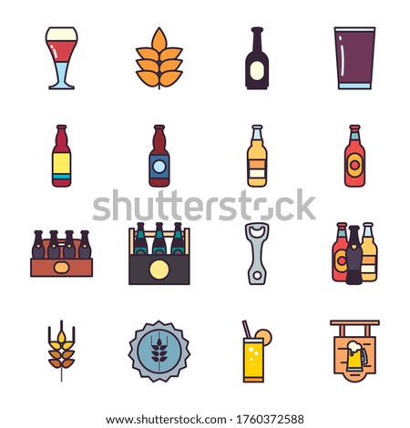 Beer line and fill style icon set design, Festival day pub alcohol bar and drink theme Vector illustration