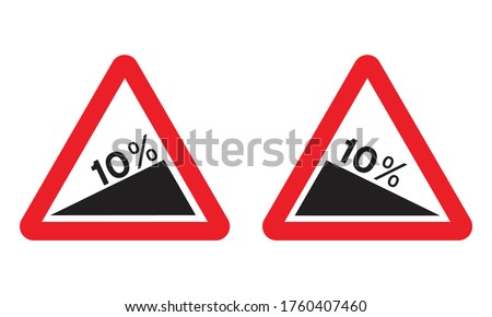 Steep Ascent and Steep Descent warning road sign set. Vector illustration of danger hill caution traffic sign. Attention red triangle mark isolated on white background. Royalty-Free Stock Photo #1760407460