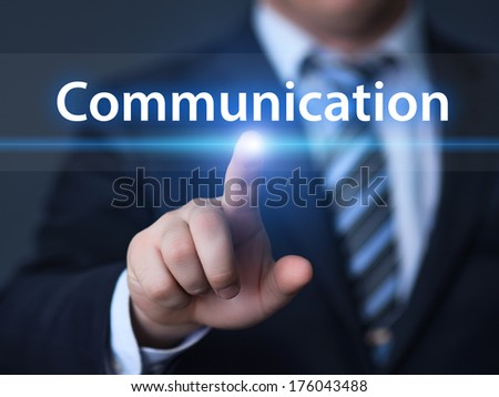 business, technology, internet and networking concept - businessman pressing communication button on virtual screens