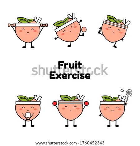Peach exercise character. Sport icon. Happy face fruit icon. Cute style fruit set. Exercise at home. Peach emoji. Illustration vector.