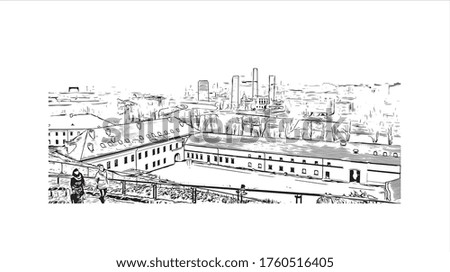 Building view with landmark of Vilnius, Lithuania’s capital, is known for its baroque architecture, seen especially in its medieval Old Town. Hand drawn sketch illustration in vector.