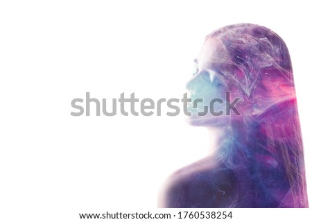 Spiritual portrait. Inner universe. Purple steam in peaceful woman silhouette double exposition isolated on white.