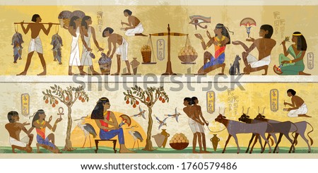 Life of egyptians. History art. Agriculture, fishery, farm. Ancient Egypt frescoes. Old tradition, religion and culture. Hieroglyphic carvings on exterior walls of an old temple  Royalty-Free Stock Photo #1760579486