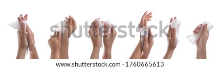 Closeup view of people cleaning hands with wet wipes on white background, collage. Banner design Royalty-Free Stock Photo #1760665613