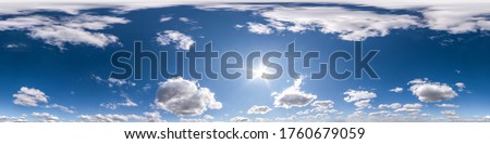 blue sky with beautiful fluffy cumulus clouds. Seamless hdri panorama 360 degrees angle view without ground for use in 3d graphics or game development as sky dome or edit drone shot
