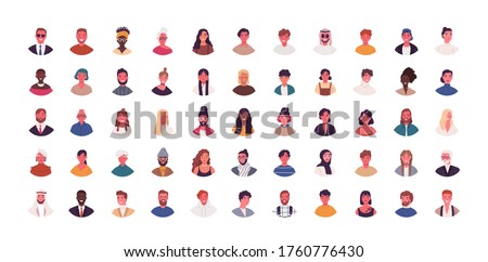 Set of different people avatars vector flat illustration. Collection of diverse man and woman portraits isolated on white. Smiling colorful young and adult person. Bundle of multiethnic user avatar