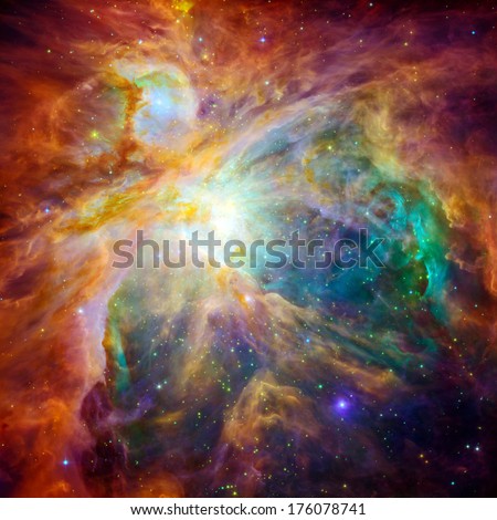 The cosmic cloud Orion Nebula - 1,500 light-years away from Earth. Retouched and cleaned version of original image with infrared and visible-light from Hubble Space Telescopes: NASA/JPL-Caltech/STScI