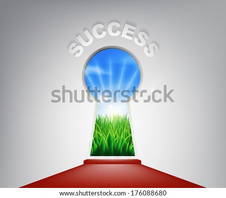A conceptual illustration of a keyhole entrance to success opening onto a field of lush green grass. Concept for a new life or opportunity
