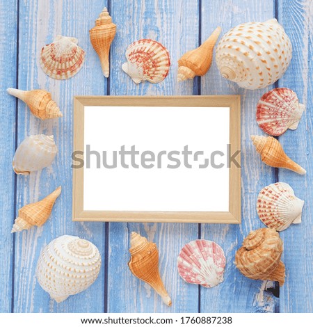 Picture frame blank and sea shells on blue wooden floor with Copy space. Summer vacation concept.