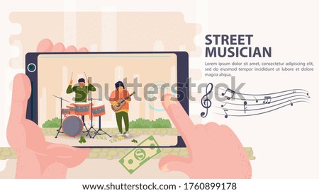 Banner, street musician, Filmed on a mobile phone two men playing drums and guitar, flat vector illustration cartoon