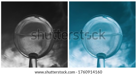Collage with two photos of transparent glass filled with mineral sparkling water, bottom view. Suitable for decorating the interior in a minimalist style