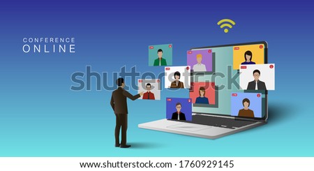 Video conference meeting online concept. Leader meeting online with employees on  computer laptop.Vector illustrate 3D. Royalty-Free Stock Photo #1760929145