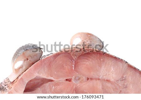 Fthree fresh steaks of seabass close up. There is white space for text