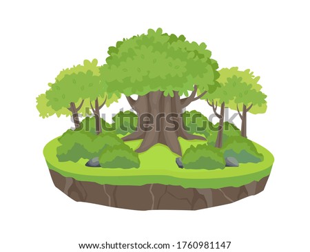 Green forest island. Old large oak tree with young grove alder fluffy crowns leaves sides overgrown shrub stones saturated platform forest warm summer mood. Vector cartoon travel