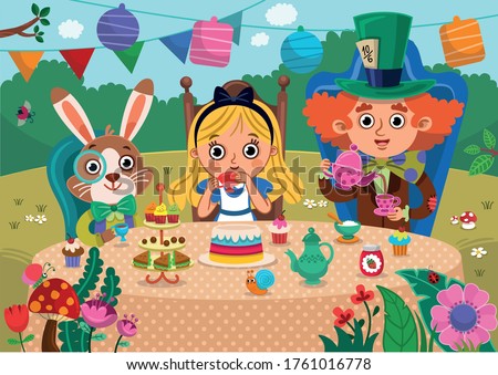 Alice's Adventures in Wonderland vector illustration. Mad Tea Party. Alice, white rabbit and Mad Hatter characters have a great time in a tea party. Colorful and fun design for Wonderland style.

