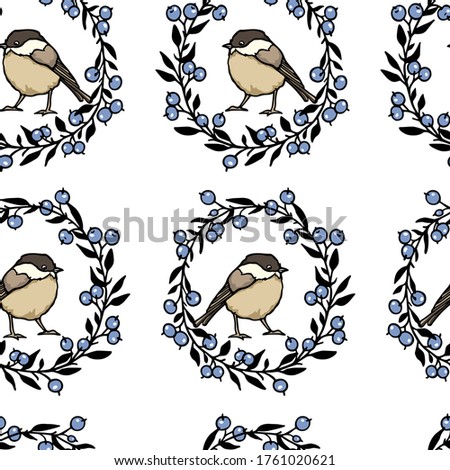Vector seamless pattern with hand drawn Willow Tits in floral blueberry wreath. Ink drawing, beautiful animal design elements. Perfect for prints and patterns
