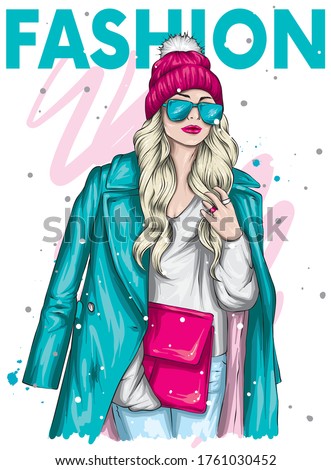 Beautiful girl in a fashionable fur coat, trousers and stylish gloves and glasses. Long hair. Fashion and style, clothes and accessories. Winter, New Year and Christmas. Fur. Vector illustration.