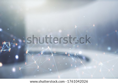 Double exposure of abstract virtual technology hologram on empty modern office background. Research and development software concept
