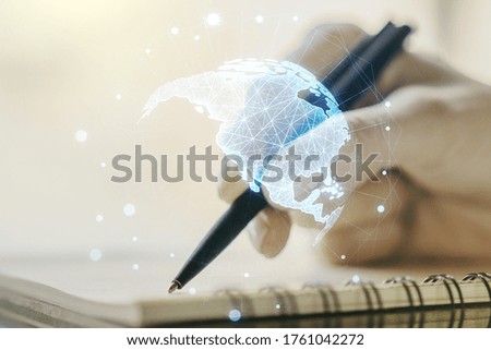 Double exposure of graphic America map and woman hand writing in notepad on background, big data and digital technology concept