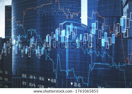 Glowing stock chart on blurry night  city background. Trade and investment concept. Multiexposure