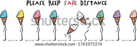 Social distance Keep a safe distance of 2 meters or 6 feet. People line up to buy ice cream. Vector image. Hand drawn lines.