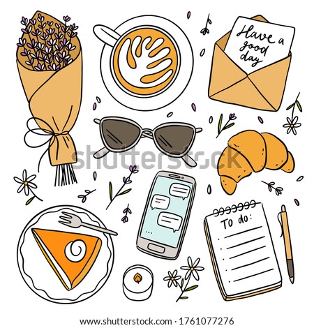 Morning with beautiful coffee aesthetic, vector illustrations set, isolated on white