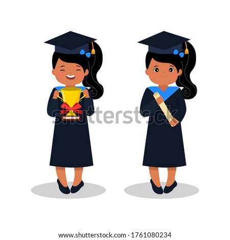 African girl in graduation robe holding a gold trophy and certificate. Graduation celebration. Flat style design isolated on white
