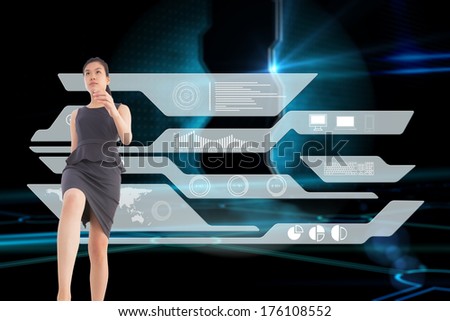 Businesswoman stepping up against doorway on technological black background