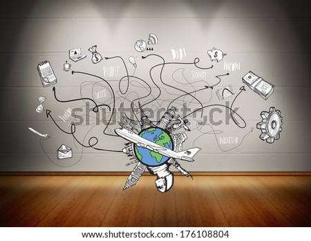 Business and global travel doodles against room with wooden floor