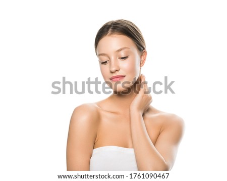Beautiful woman healthy skin care concept portrait close up white background. Studio shot