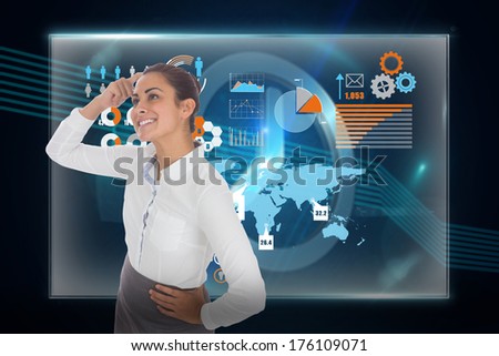 Smiling thoughtful businesswoman against clock on technical background
