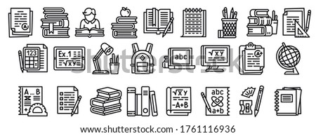 Homework icons set. Outline set of homework vector icons for web design isolated on white background Royalty-Free Stock Photo #1761116936