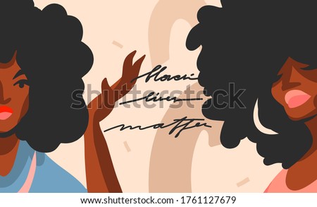 Hand drawn vector abstract flat graphic illustration with young black afro american beauty women,and Black lives matter handwritten lettering concept isolated on color collage shape background.