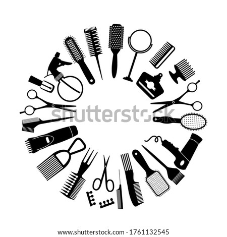 A large set of tools for the hairdresser or groomer. black silhouette. Flat vector illustration isolated on white background.