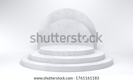 Shiny pink round marble pedestal podium. Abstract high quality 3d concept illuminated pedestal by spotlights on white background. Futuristic marble background. 3d render. Can be used on banners, web.