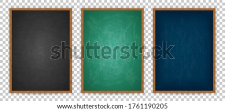 Blackboard for design menu cafe, restaurant, canteen. Realistic blank black chalkboard in wooden frame for pizza, drink, coffee, meal, beer, burger. Empty board isolated on whit background. Vector Royalty-Free Stock Photo #1761190205