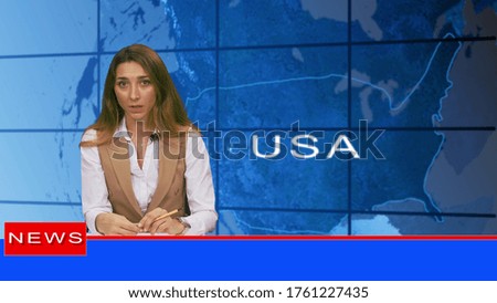 Female news presenter in broadcasting studio