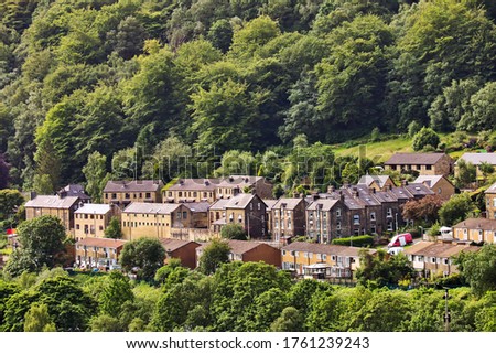 Aerial view of the attractive town of Hebden Bridge in the South Pennines, Calderdale, West Yorkshire, UK Royalty-Free Stock Photo #1761239243