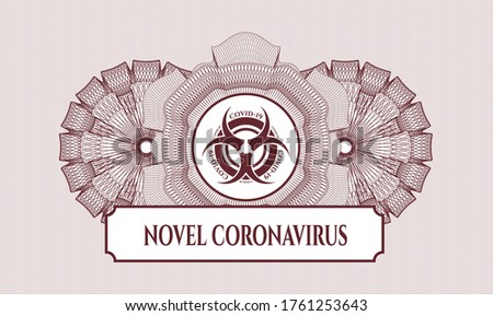 Red passport rosette. Vector Illustration. Detailed with biohazard covid-19 icon and Novel Coronavirus text inside