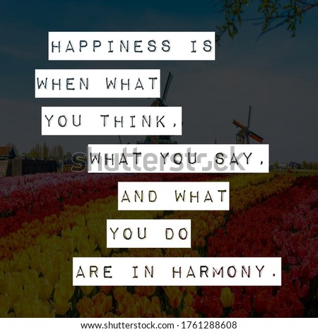 Best motivational, inspirational and happiness quotes on the nature background. Happiness is when what you think, what you say, and what you do are in harmony.