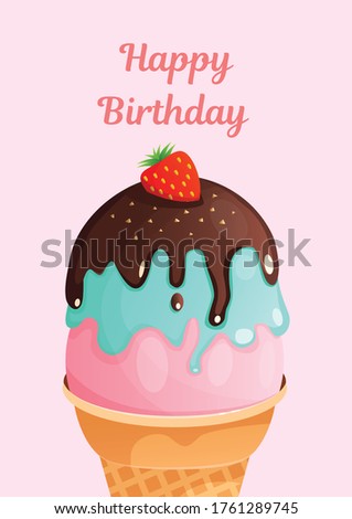Greeting card birthday and another holiday on a pink background. A4 format greeting card template. Vector illustration text can be added, changed. Ice cream for a greeting card, menu, advertisement.