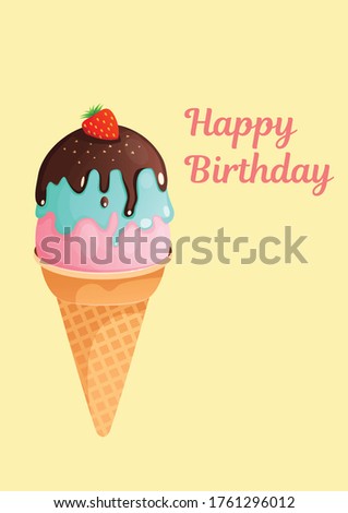 Greeting card birthday and other holiday on a yellow background. A4 format greeting card template. Vector illustration text can be added, changed. Ice cream for a greeting card, menu, advertisement. 
