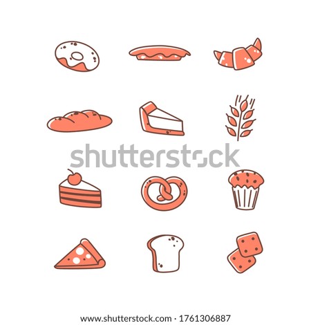 Bakery shop logo, 12 line icons. Bread, cupcake, cake, cookies. Vector illustration in cartoon style.