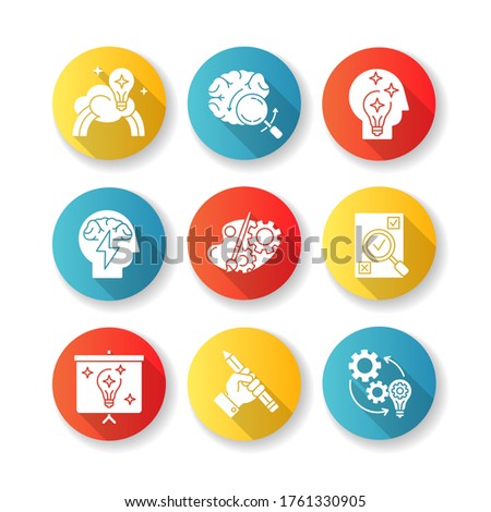 Creative mind workflow flat design long shadow glyph icons set. Inspiration for project development. Business presentation of smart solution. Creative writing. Silhouette RGB color illustration