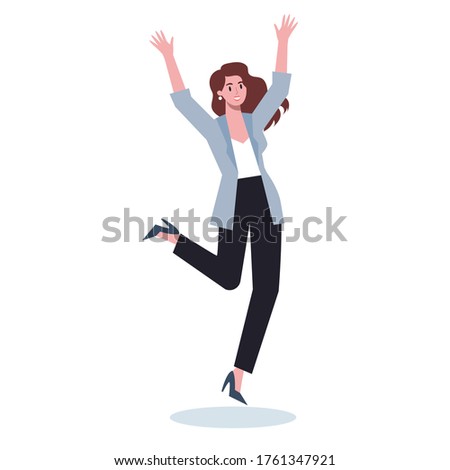 Jumping business woman. Happy and successful employee in a suit. Joy and achievement concept. Teamwork celebration. Flat vector illustration