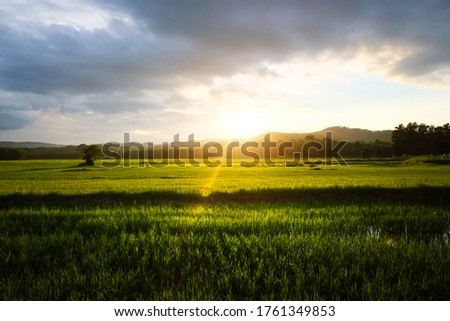 Beautuful landscape greenery of  farmland with natural sunshine near valley mountain and destination of sunset in Thailand