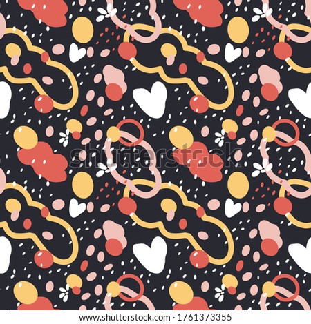 Abstract doodle clouds, snow and hearts colorful dark background. Vector seamless pattern design for textile, fashion, wrapping and paper