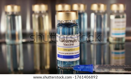 Vial of Mumps Vaccine and syringe on a stainless steel background Royalty-Free Stock Photo #1761406892